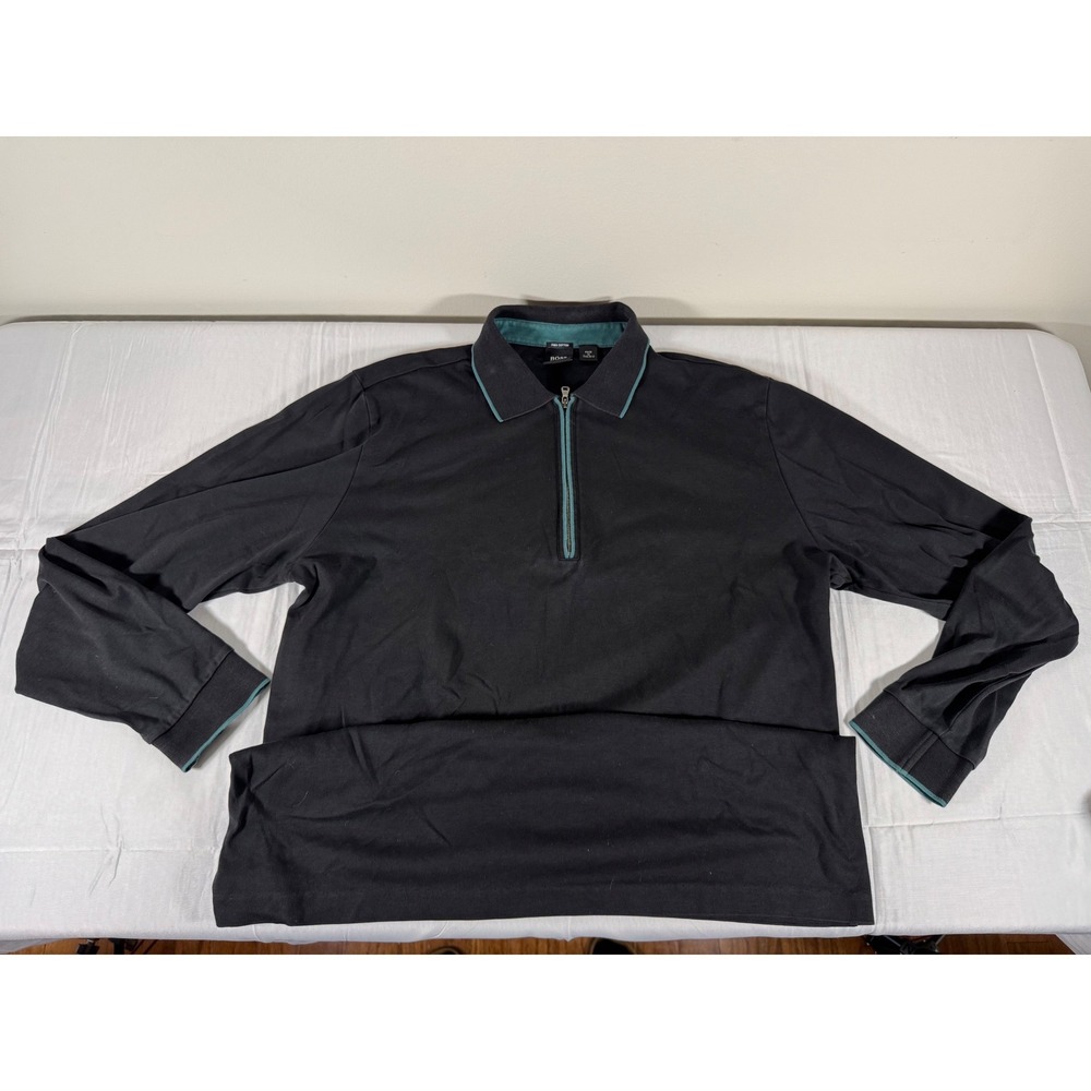 Hugo Boss Mens Pima Cotton Quarter Zip Long Sleeve Polo Black Teal Large